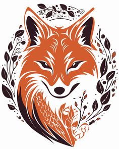 an orange fox with leaves and flowers around it's head, on a white background