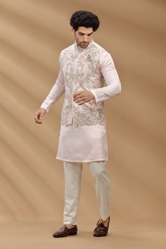 Buy Baby Pink Color Art Slik Fabric Mens Kurta Set With Waistcoat, Nehru Jacket, Modi Jacket, Designer Half Jodhpuri Jacket With Kurta Pajama Online in India - Etsy Sleeveless Nehru Jacket With Resham Embroidery For Eid, Sleeveless Nehru Jacket With Chikankari Embroidery For Diwali, Sleeveless Nehru Jacket With Chikankari For Diwali, Sleeveless Embroidered Nehru Jacket For Diwali, Embroidered Sleeveless Nehru Jacket For Diwali, Pink Embroidered Nehru Jacket Kurta, Unstitched Nehru Jacket For Designer Wear Navratri, Unstitched Designer Nehru Jacket For Navratri, Sleeveless Embroidered Bandhgala For Eid