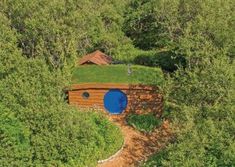 an aerial view of a hobbot in the woods with grass on it's roof