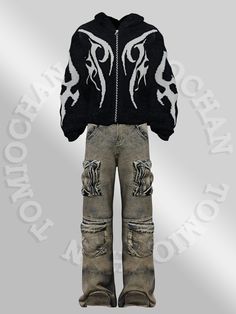 a black jacket and jeans with white designs on it