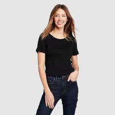 Women's Favorite Short-sleeve Crewneck T-shirt | Eddie Bauer Eddie Bauer, Rich Color, New Black, Rib Knit, Color Options, Heather Grey, Gray Color, Casual Shirts, Womens Shirts