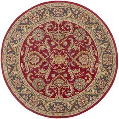 a red and blue rug with an ornate design on the center, surrounded by gold accents