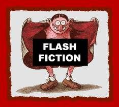 a cartoon character holding a sign that says flash fiction