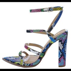 Woman’s Snakeskin Multi Colored Open Toe Strappy Block Heels Features A Pointed Open Toe Paired With An Uncovered Back A Strappy Upper And An Ankle Strap Buckle Closure. Brand In Box Chic Multicolor Block Heel Heels, Spring Ankle Strap Heels With Snake Print, Trendy High Heel Snake Print Heels, Multicolor Heels With 4-inch Heel For Night Out, Spring Snake Print Pointed Toe Heels, Multicolor 4-inch Heels For Night Out, Multicolor Ankle Strap Heels For A Night Out, Chic Multicolor Heels For Night Out, Multicolor Open Toe Heels For Night Out