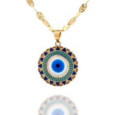 Embrace the protective power of the Evil Eye with our Hand-Painted Evil Eye Pendant. This captivating piece of jewelry combines ancient symbolism with modern artistry, hand-painted to exude beauty while safeguarding against negative energies. Product Specifications:  * Material: 14k Solid Gold, hallmarked 14K or 585 for authenticity * Diameter: 20mm / 0.78in Delivery:  * Ready to ship in 1 business day. * Delivers in 1 to 5 days depending on location and delivery option. * Returns are accepted w Handmade Symbolic Blue Necklaces, Handmade Blue Symbolic Necklace, Handmade Symbolic Blue Necklace, Hand Painted Blue Spiritual Necklace, Hand Painted Spiritual Round Necklaces, Luxury Evil Eye Pendant Jewelry, Elegant Evil Eye Pendant Jewelry, Evil Eye Protection Necklace, Spiritual Evil Eye Pendant Jewelry