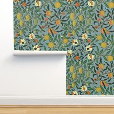 a wallpaper with fruit and leaves on it