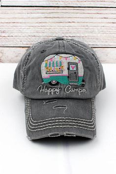 This cap is the perfect year-round fashion accessory! 100% Cotton Distressed Cap Embroidered Applique Embroidered Text Design Contrast Stitching 6 Panel Velcro Closure Sewn Eyelets Button Top Pre-Curved Visor Washed Details for Vintage Look Adjustable, One Size Fits Most Camper Hat, Distressed Cap, Distressed Baseball Cap, Distressed Hat, Wholesale Accessories, Womens Baseball Cap, Happy Camper, Button Top, Happy Campers