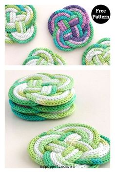 two pictures show different types of crocheted coasters with the same color and pattern