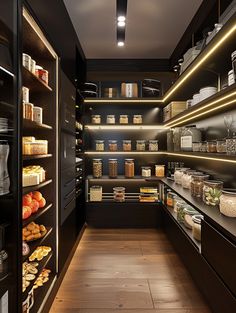 a large pantry with lots of food in it's shelves and lights on the ceiling