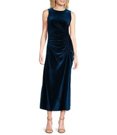 From Taylor&#x2C; this dress features: Velvet fabrication Scoop neckline Sleeveless Gathered side detail Back zip closure Approx. 53" length Polyester Machine wash/dry flat Imported. Side Dress, Blue Sleeveless Dress, Taylor Dress, Midi Dress Party, Gowns With Sleeves, Dillard's, Mother Of The Bride Dresses, Cocktail Dress Party, Scoop Neckline