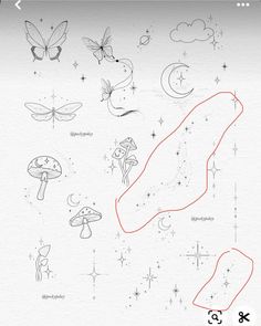 an image of some drawings on paper with butterflies and stars in the sky above it