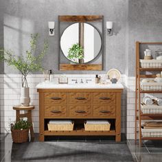 a bathroom with a sink, mirror and shelving unit in the middle of it