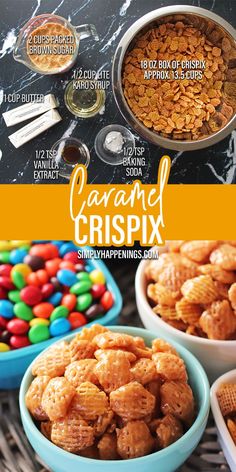 the ingredients for caramel crispix are in bowls and on top of each other