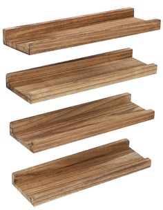 three wooden shelves are shown with one shelf on each side and the other above it