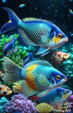 two blue and yellow fish swimming in an aquarium