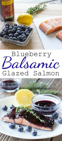 blueberry balsamic glazed salmon on a plate with lemons and blueberries