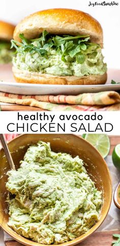 a bowl filled with guacamole sitting next to a sandwich on top of a table