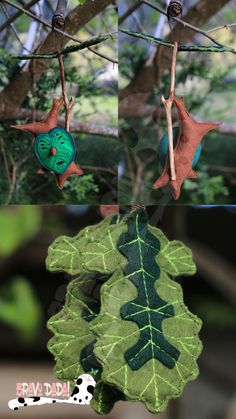 three different pictures of leaves and birds hanging from branches