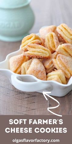 soft farmer's cheese cookies in a white bowl on a wooden table with text overlay