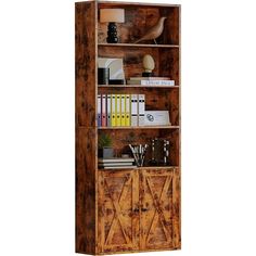 a wooden book shelf filled with lots of books