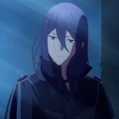 an anime character with long hair and blue eyes standing in front of a wall looking at the camera