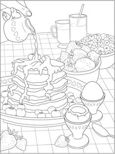 a pancake with strawberries and other fruit on it is shown in this coloring page