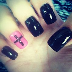 black and pink nails with a cross. Pink Nails With Cross, Pink Cross Nails, Nails With A Cross, Nails With Cross Design, Pink Goth Nails, Nails With Cross, Black And Pink Nails, Cross Nail Art, Cross Nails