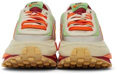 Low-top paneled transparent ripstop and suede sneakers in beige. Round toe. Double lace-up closure in grey and orange featuring buffed leather trim in green at eyerows. Twin padded tongues in orange and red. Padded collar. Signature Swoosh at sides. Logo printed in green at orange buffed leather heel tab. Sculptural foam rubber midsole. Tonal waffle treaded rubber outsole. Part of the Nike x sacai x CLOT collaboration. Supplier color: Net/Orange blaze Multicolor Slip-on Sneakers For Streetwear, Orange Low-top Sneakers With Stitched Sole, Nike Orange Sneakers With Vibram Sole, Orange Fade-resistant Sneakers For Light Sports, Orange Fade-resistant Sneakers For Streetwear, Nike Sacai, Suede Sneakers, Nike Outfits, Luxury Streetwear