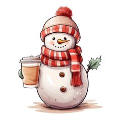 a cartoon snowman holding a cup of coffee