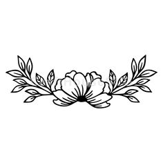 a black and white drawing of flowers with leaves on the bottom, in an outline style