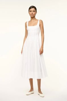 WELLS DRESS WHITE White Ruched Corset Dress With Square Neck, White A-line Midi Dress With Ruched Bodice, Chic Cotton Midi Dress With Ruched Bodice, Elegant Cotton Corset Dress For Spring, Cotton Midi Dress With Ruched Bodice, Elegant White Cotton Corset Dress, White Midi Dress With Pleated And Fitted Bodice, White Corset Dress With Ruched Bodice And Square Neck, Cotton Midi Dress With Ruched Fitted Bodice