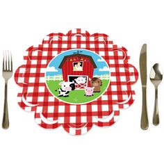 a red and white checkered placemat with farm animals on it next to silverware