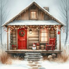 a painting of a cabin in the snow with christmas decorations on the front door and porch