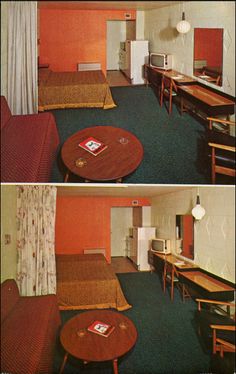 two pictures of a motel room with beds, desks and television in it's center