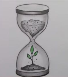 a drawing of an hourglass with a plant growing out of the sand in it