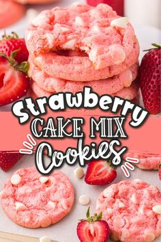 strawberry cake mix cookies are stacked on top of each other