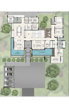 an aerial view of the floor plan of a house with swimming pool and outdoor living area