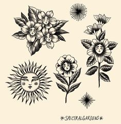 the sun and flowers are drawn in black ink