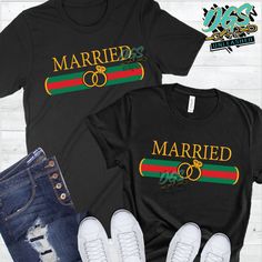 two shirts that say married and the other says married with rings on them, next to ripped jeans