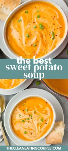 the best sweet potato soup is in two bowls and ready to be eaten on the table