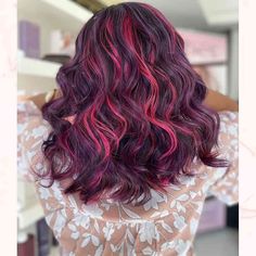 Dark Purple Hair With Pink Highlights, Fuschia Highlights, Pink And Purple Highlights, Brown Hair With Pink, Brown Hair With Pink Highlights, Highlights Underneath, Hair With Pink Highlights