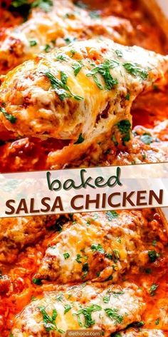 baked salsa chicken in a white casserole dish with text overlay that reads baked salsa chicken