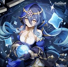 an anime character with blue hair holding a crystal ball in her hand and wearing armor