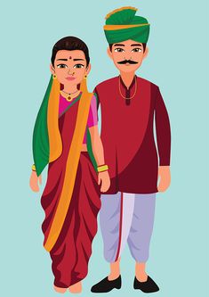 Maharashtra Culture, Indian Wardrobe, Fashion Adobe Illustrator, Indian Illustration, Cartoon House, Dress Illustration, India Culture, Traditional Indian Dress, Couple Dress