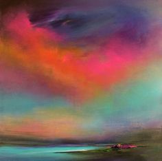 an abstract painting of colorful clouds over the ocean