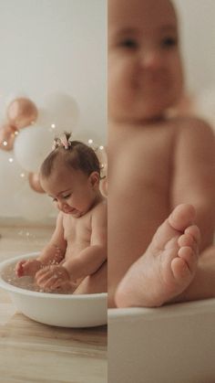 a baby is sitting in a bowl with bubbles