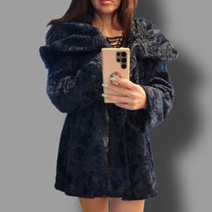 Beautiful Hooded Faux Fur Coat From Iman Luxury Chic Collection Perfect For Any Occasion Color Dark Blue Brand New With Tags Cold Weather Pea Coat With Faux Fur Trim, Hooded Faux Fur Outerwear For Fall, Hooded Faux Fur Outerwear With Pockets, Winter Long Sleeve Faux Fur Hooded Jacket, Faux Fur Hooded Jacket For Fall, Fall Faux Fur Hooded Jacket With Long Sleeves, Winter Faux Fur Outerwear With Pockets, Blue Fur Coat With Faux Fur Lining For Fall, Faux Fur Outerwear With Pockets For Fall