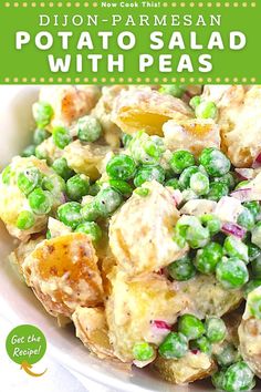 potato salad with peas in a white bowl