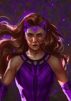 a painting of a woman with long hair and purple makeup, wearing a catwoman costume