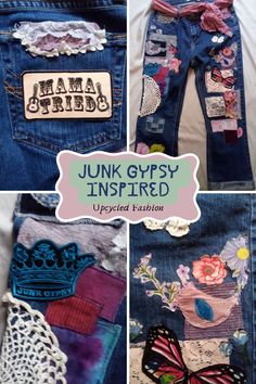 Flowery garden of feminine wonder when shopping vintage, these Junk Gypsy inspired Applique patched jeans from upcycled Wrangler Size 8. Cute for summer cropped at bottom, I put a lot if love and vintage fabric hete. There are 2 secret vintage silk thriftstore- inspired shapes. If you can find them, take $25 off 1_pair of upcycled Applique Patched Jeans in my ETSY shop or $25 off Your Custom Applique Jeans Vintage Junk, Upcycled Fashion